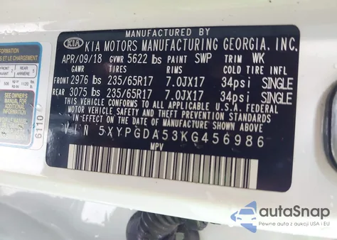 2019 Kia Sorento 3.3L Lx z USA, uszkodzony, nr VIN 5XYPGDA53KG456986